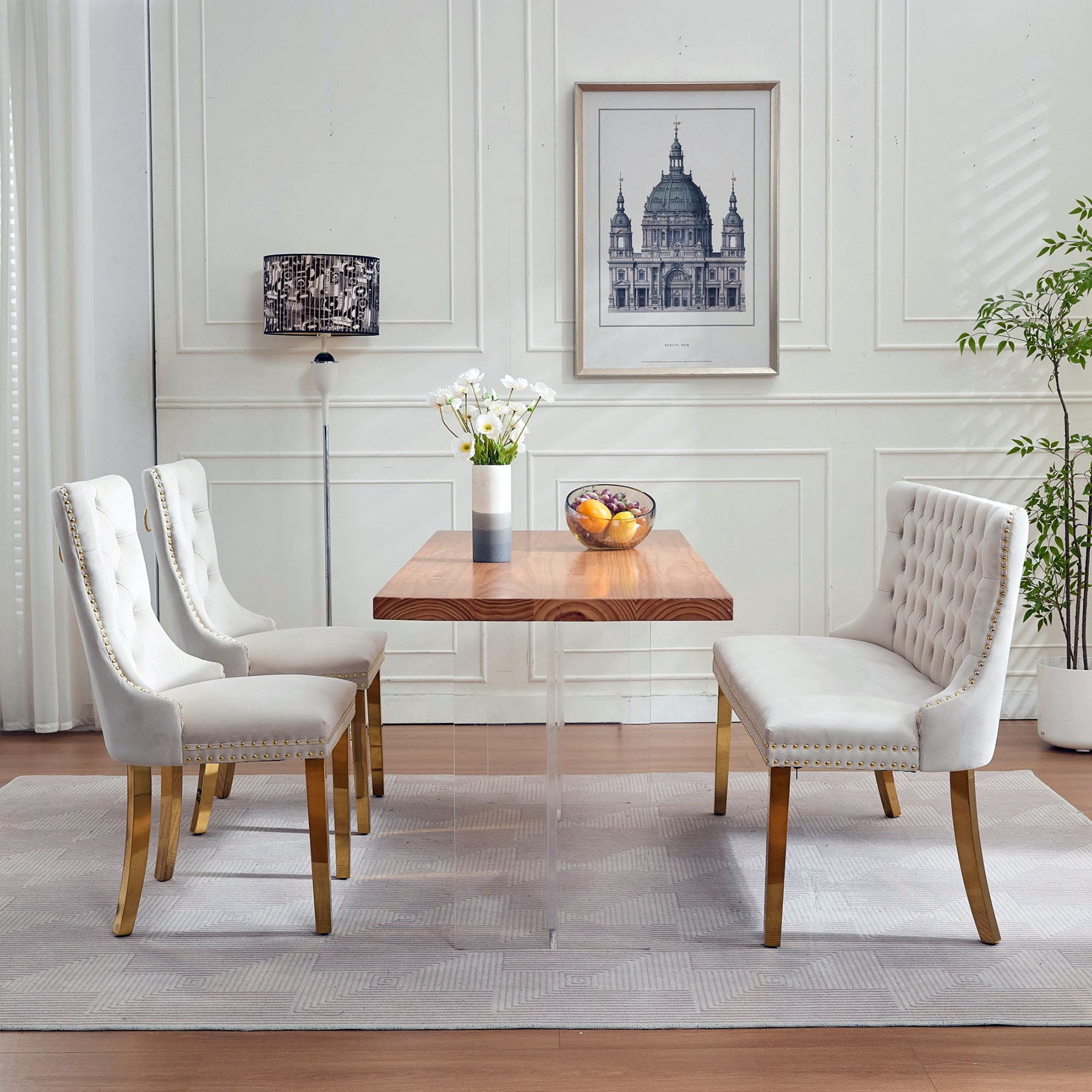 S-HOME Stylish Velvet Double Seat Loveseat Bench Featuring Handmade Buttons and Gold-Plated Steel Legs for Dining Areas, Beige
