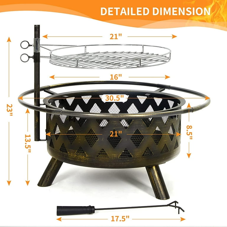 UDPATIO Fire Pit for Outside 30 Inch with Cover Mat Outdoor Wood Burning Firepit Large Steel Firepit Bowl with Removable Cooking Swivel BBQ Grill