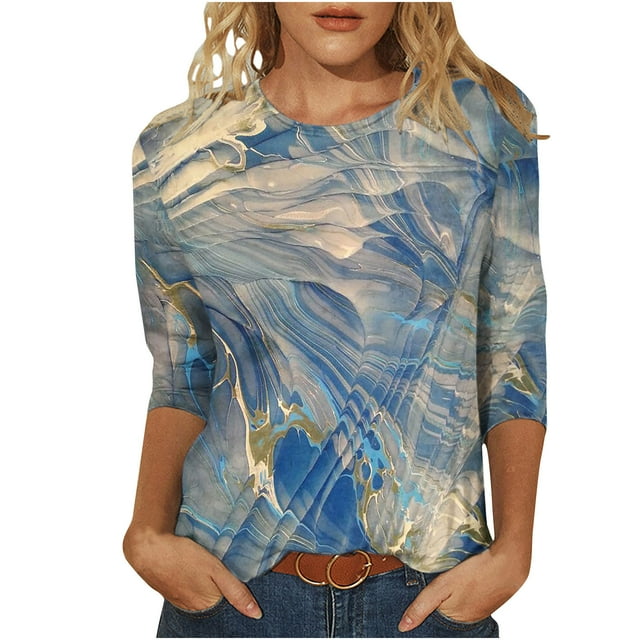 CEHVOM T-shirt Mode Femme Imprimé Ample Manches 3/4 Blouse Col Rond Tops Décontractés Liquidation