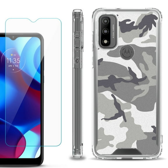 Shockproof Bumper Phone Case for Motorola Moto G Pure, with Tempered Glass Screen Protector, by OneToughShield ® - Urban Camo