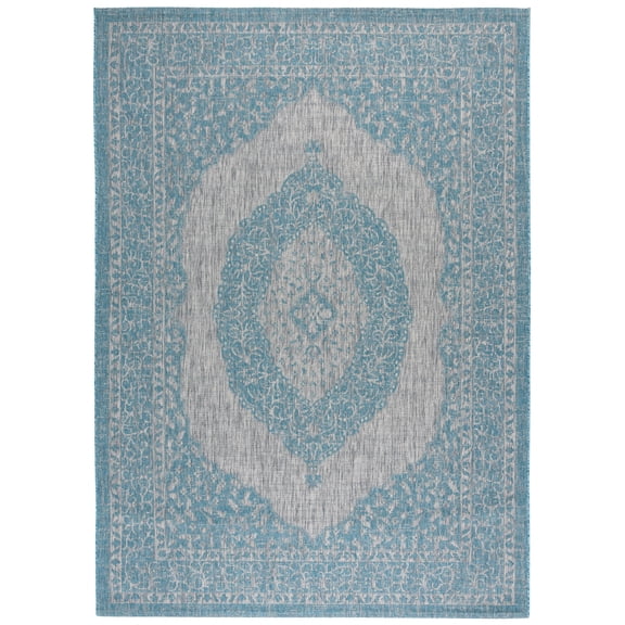 SAFAVIEH Courtyard Avi Medallion Indoor/Outdoor Area Rug, Light Grey/Aqua, 9' x 12'