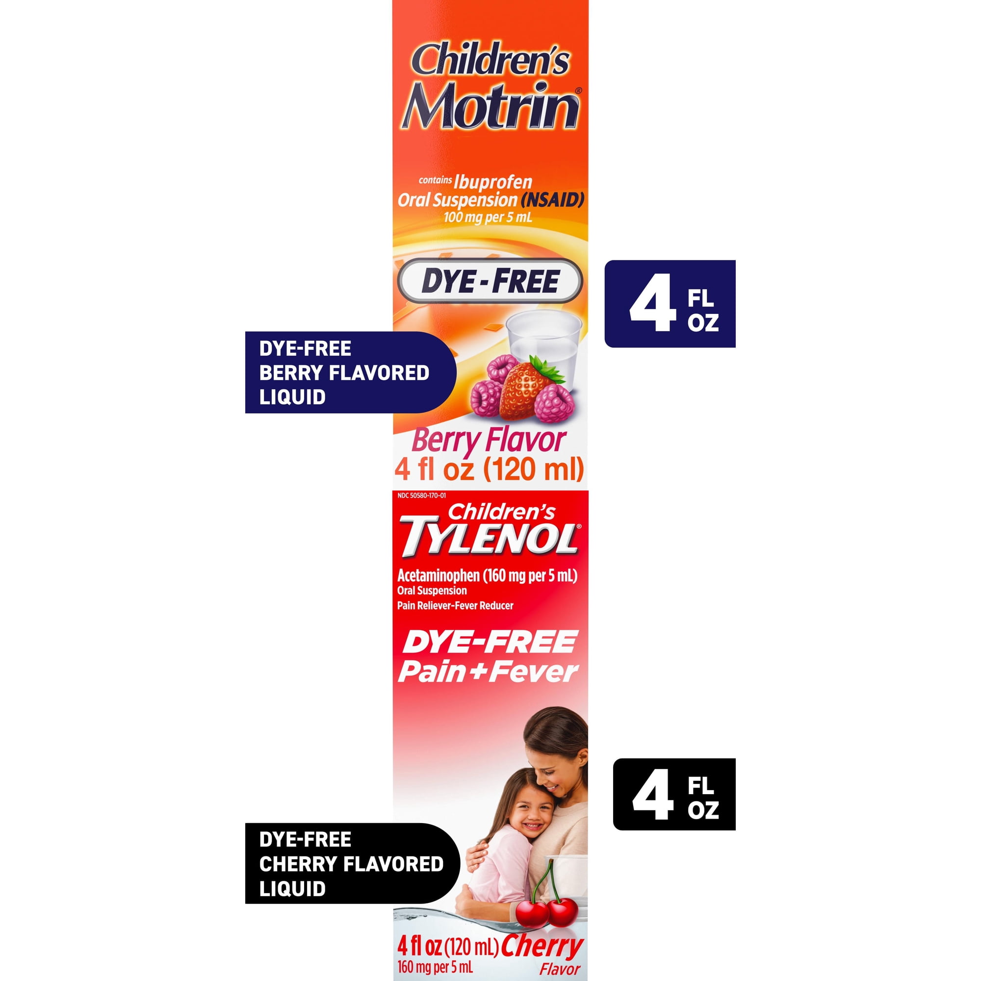 Children's Motrin + Children's Tylenol Pain & Fever Relief Dye-Free Liquid Bundle, 4 fl oz (2 Items)