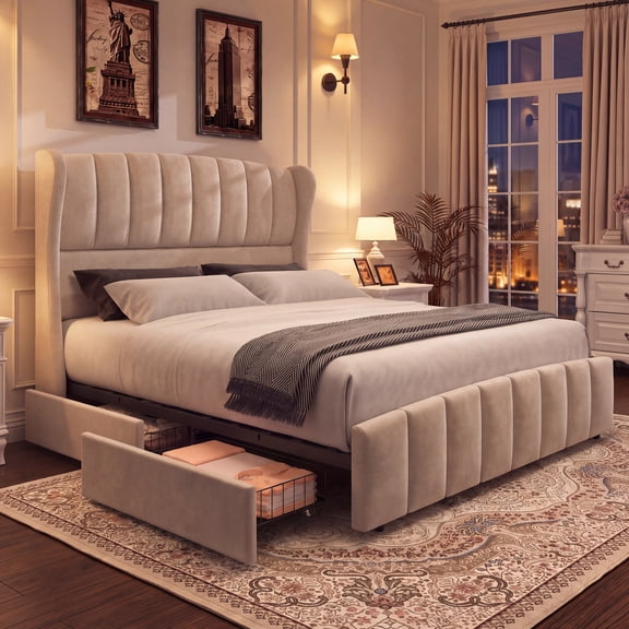 Aphthongs Queen Upholstered Bed Frame with 54'' Wingback Headboard, Velvet Tufted Storage Bed Frame with 4 Drawers, Sturdy Wooden Slats Support, No Box Spring Needed, Beige