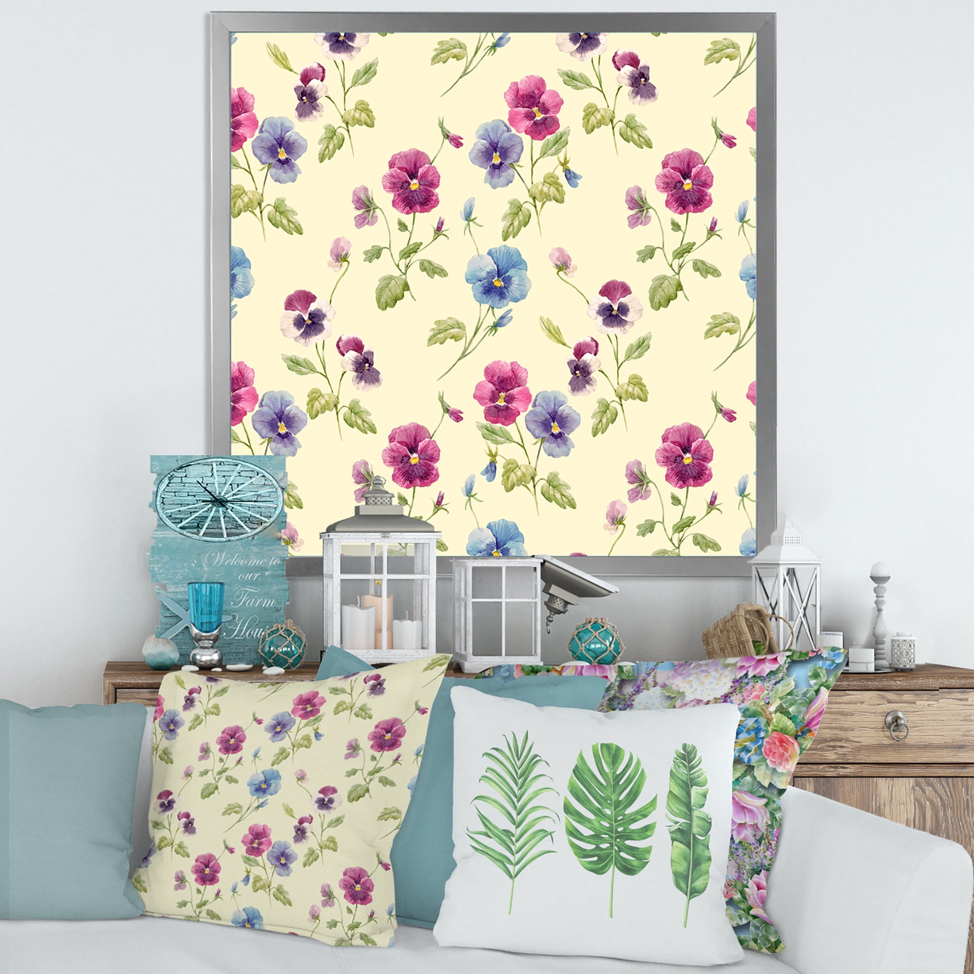 Designart 'Blue and Pink Pansy Flowers I' Traditional Framed Art Print