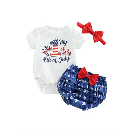

Chollius Newborn Baby Girl 4th of July Outfits Independence Short Sleeve Letter Print Romper Star Pattern Ruffles Decor Shorts Bow-Knot Headband Set