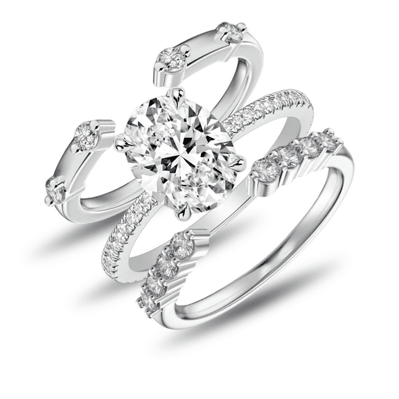 3PC 3 Carat Oval Cut Engagement Ring Set for Women,D color VVS1 - Simple Solitaire Ring - 18k White Gold Over Silver