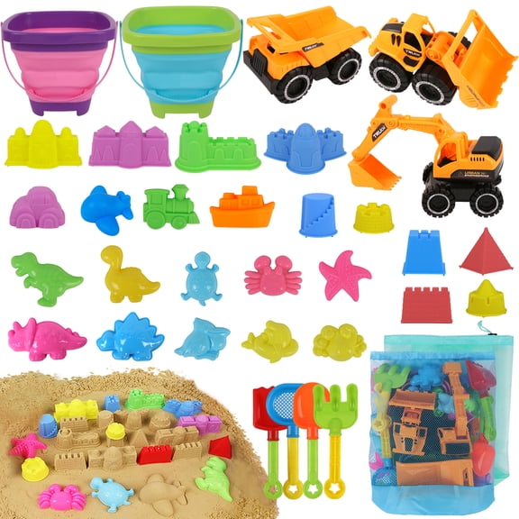 KiddiTouch 35Pcs Sand Beach Toy, Sandbox Toys with 3 Truck 2 Collapsible Beach Bucket, Sand Castle Toys Kit, Animal Dinosaur Molds, Shovel Set, 2 Mesh Bags, Summer Toys for Kids Toddlers Boys Girls 3