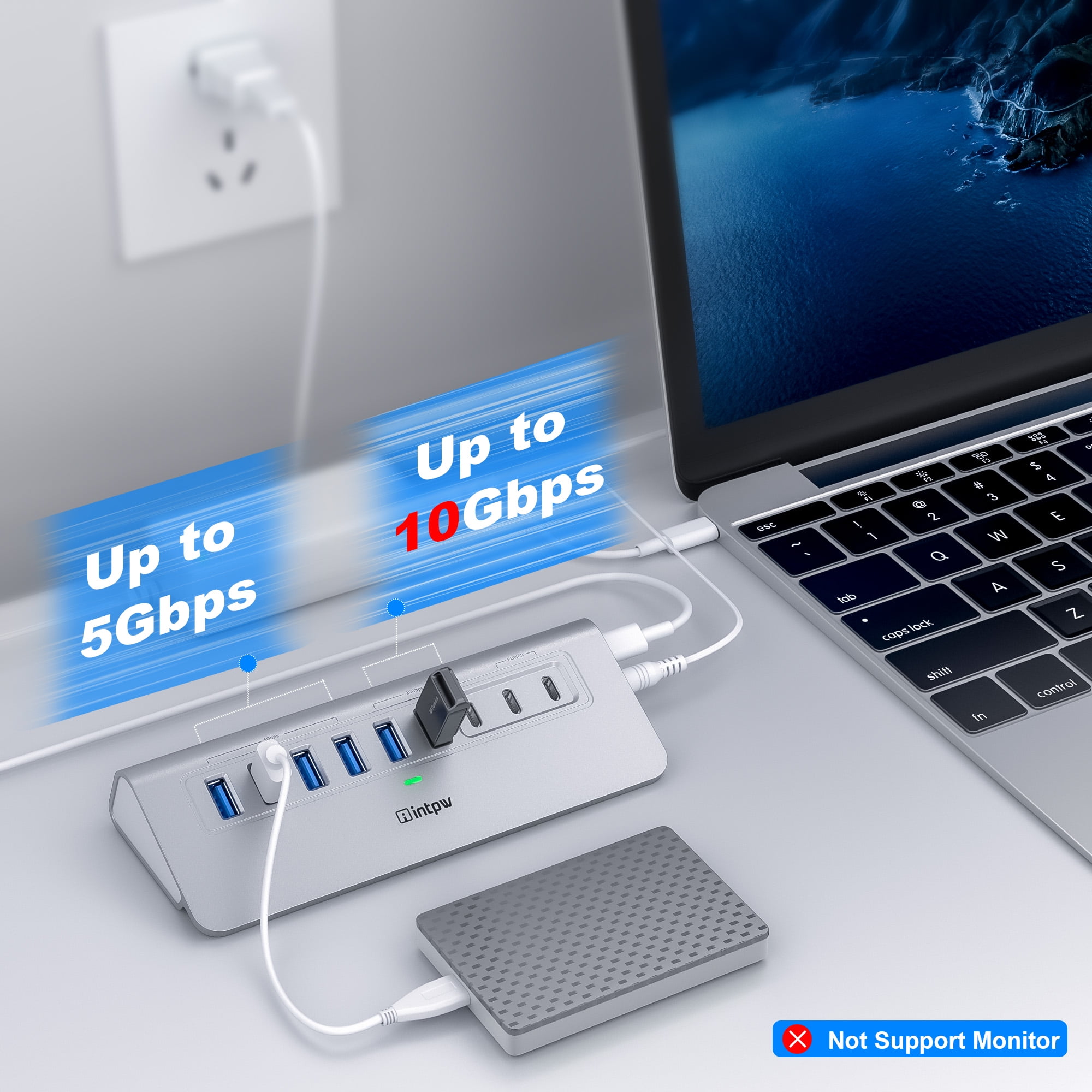 INTPW Powered USB C Hub for Laptop, 9-Port USB Hub with 10Gbps Data Transfer, 45W PD Charging, USB C and USB A Ports for MacBook and PC