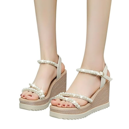 

ZIZOCWA Elegant Casual Women Sandals Pearl Buckle Roman Shoes Women S Summer Sandals Fashion Thicken Bottom Wedge Platform Shoe Slippers Beige Size7