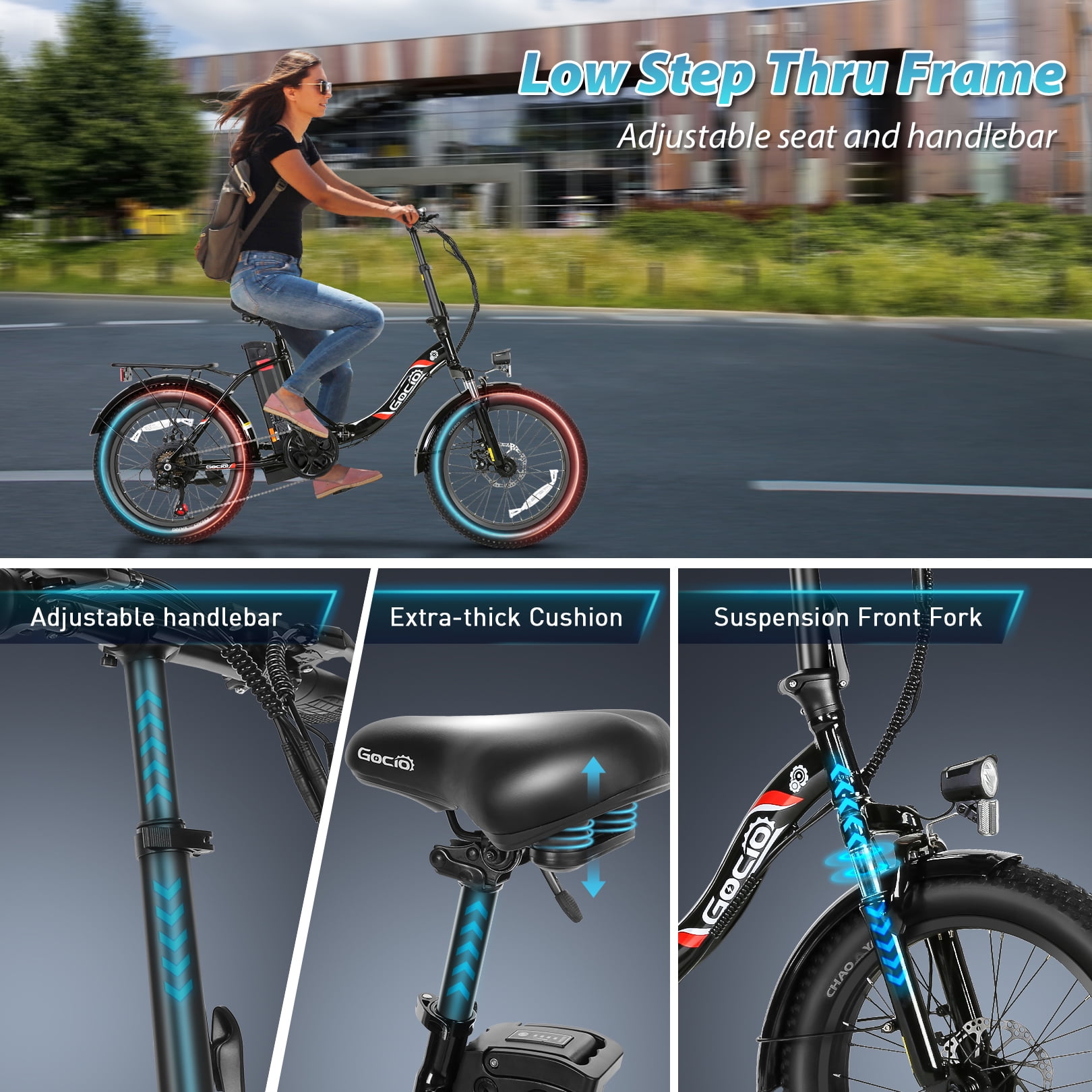 Gocio 20" Folding Electric Bike for Adults, 750W Peak Motor Fat Tire Commuter Ebike, 48V 10.4Ah Battery, 7 Speed, UL2849