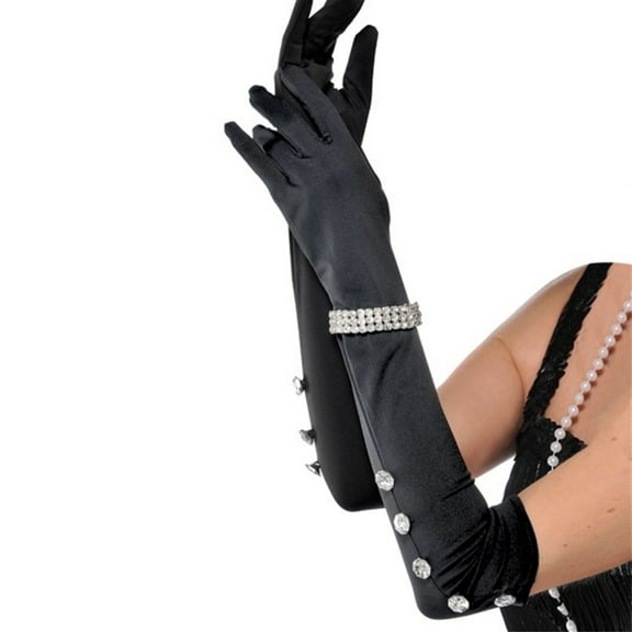 Black Satin Gloves with Rhinestone Bracelet Adult Costume Accessory