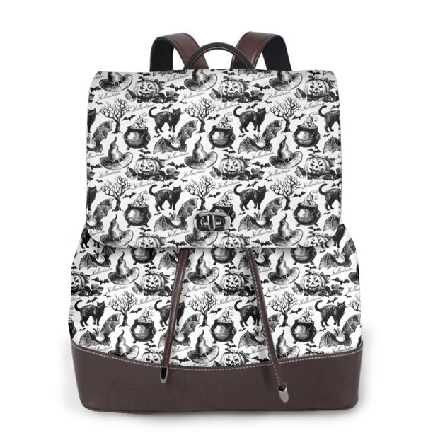 Balery Black White Halloween Mochila de Cuero para Mujeres, Gran Capacidad, Bolsa de Viaje Multifuncional, Mochila de Cuero y Bolsa de Hombro para Mujeres