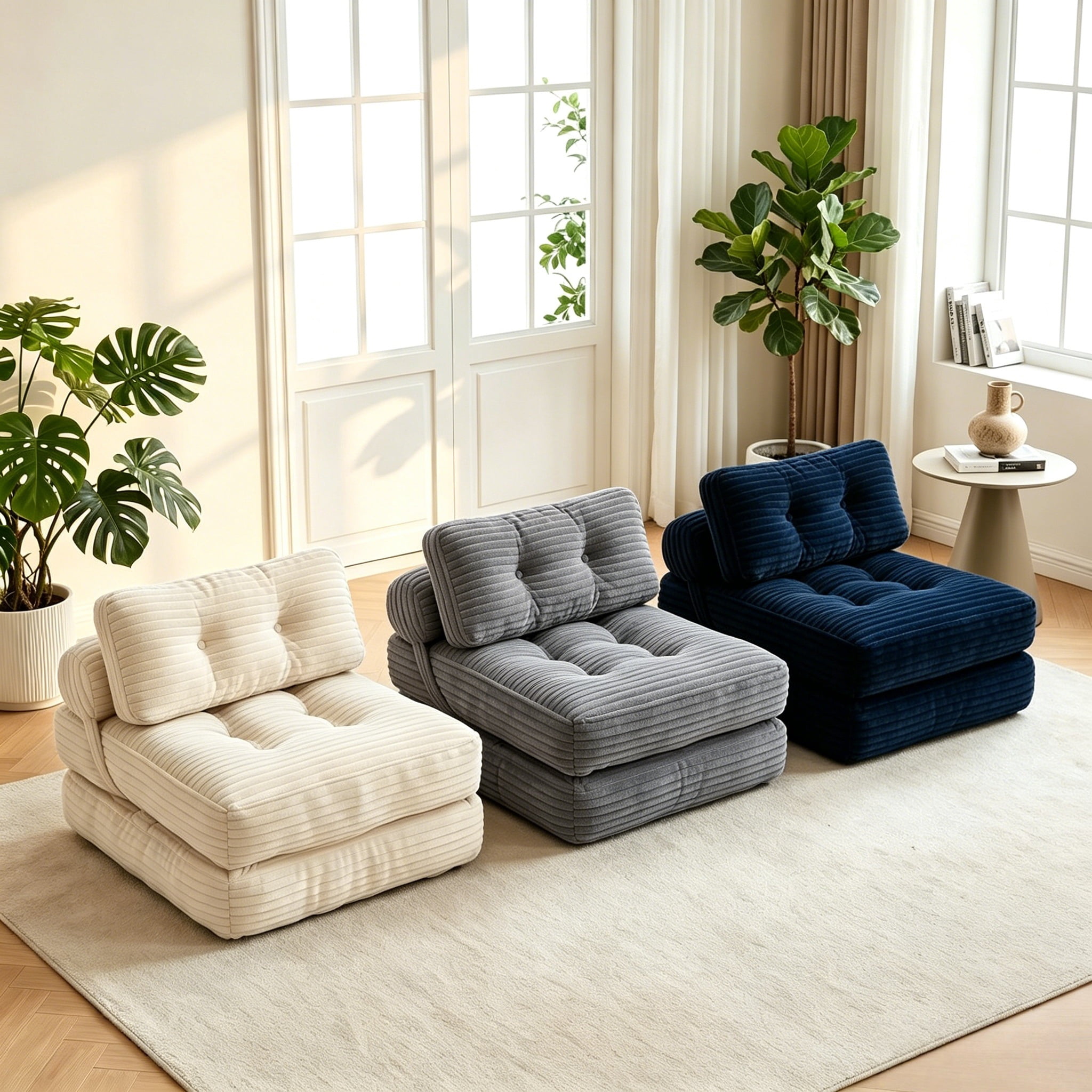 Howcool Corduroy Folding Sofa Bed,3 in 1 Convertible Sleeper Chair with Pillow & Lumbar Pillow,Boneless Floor Sofa Couch Lounge Chair for Living Room Dorm,Navy