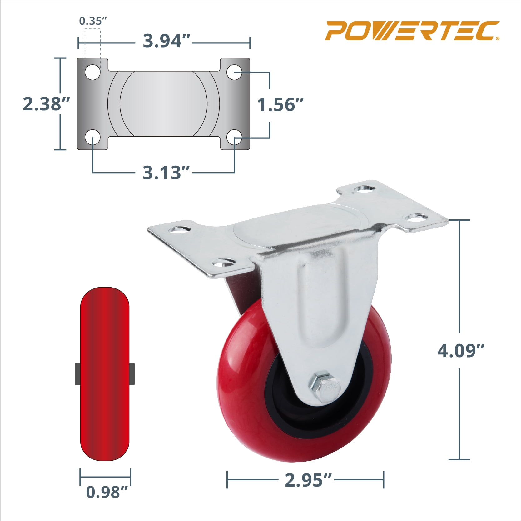 POWERTEC 4PK 3 inch Fixed Caster Wheels with 640 lbs Loads, Heavy Duty Plate Casters, Rigid Fixed Rubber Castor Wheels for Furniture, Cart, Dolly and Workbenche (17207)