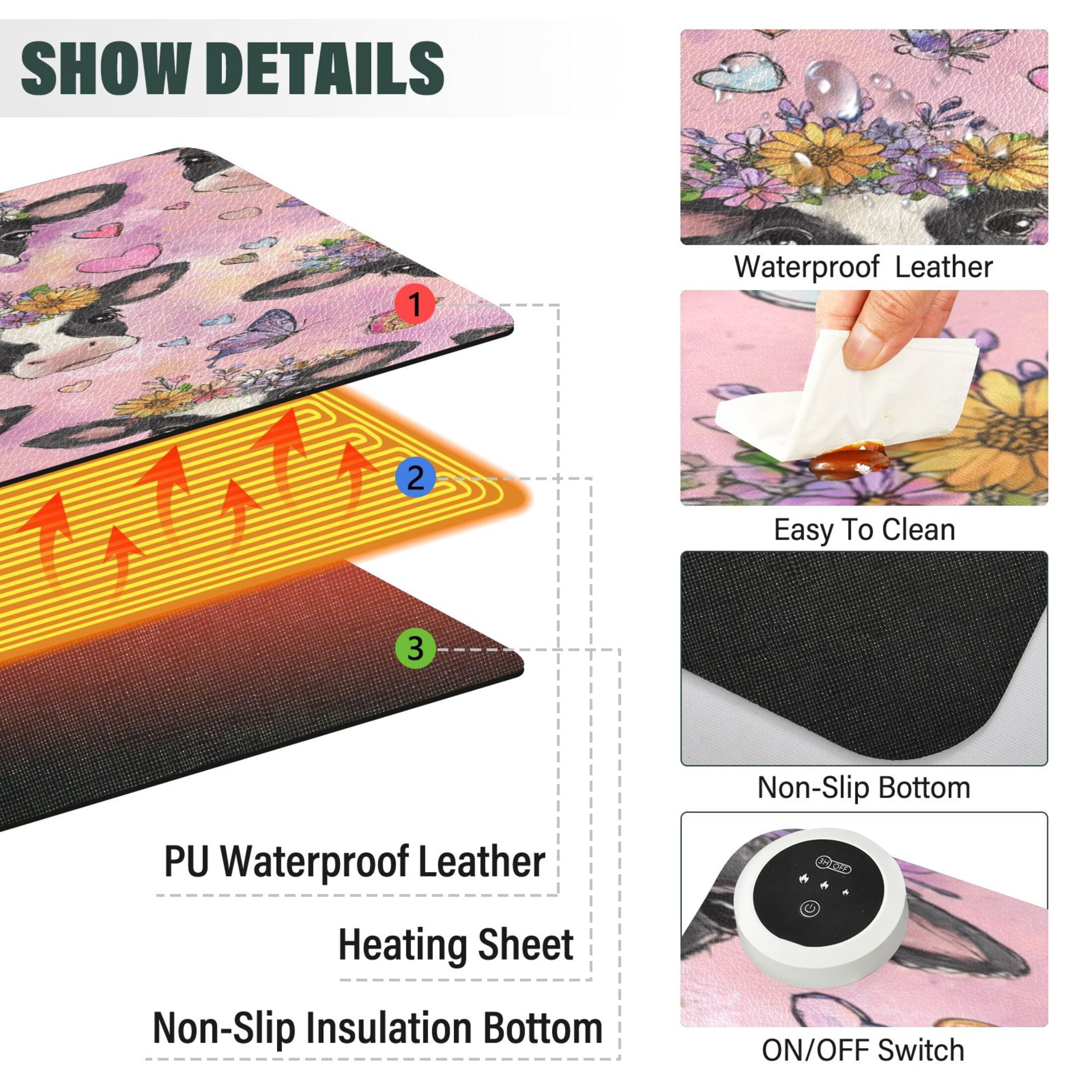 Large Heated Desk Mat Mouse Pad 31.5"x13"PU Leather Graphene Heating Desk Warmer with 3 Temperature Settings 110V US Plug Non-Slip Warm Pad for Home, Office, and Gaming Beautiful Cows with Flowers