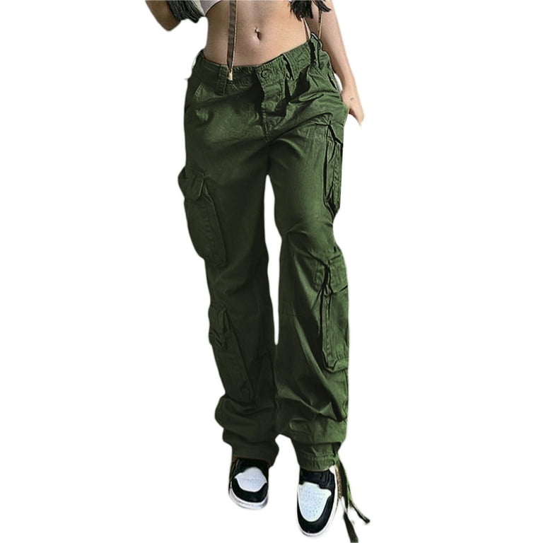 Nokiwiqis Women Casual Cargo Pants, Solid Color Zipper Trousers with Pockets  
