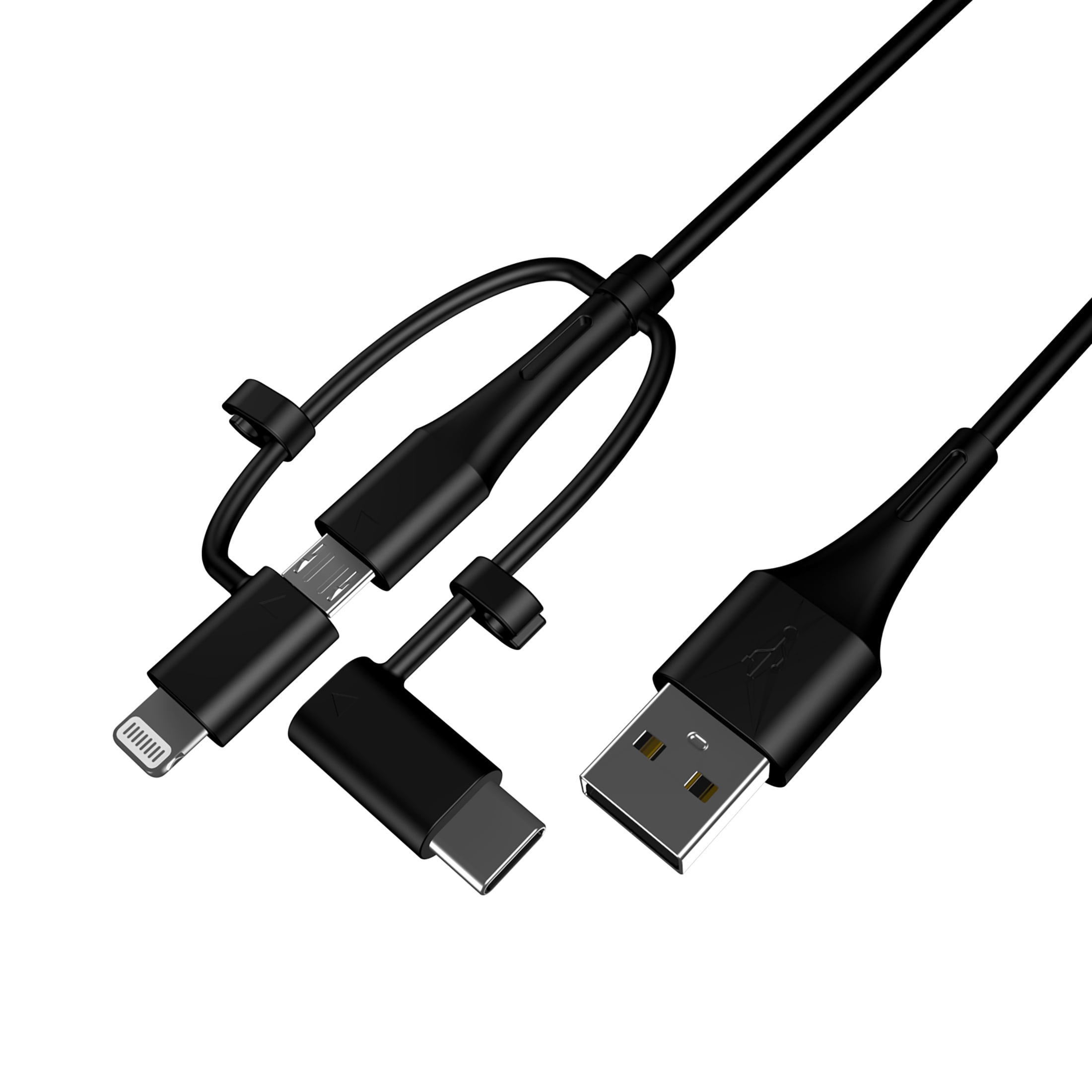 3 feet 3 in 1, USB Type-a to C, Lightning, Micro Charging Cable for iPhone iPad Smartphone, Black