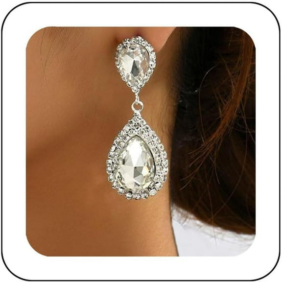 Silver Rhinestone Teardrop Earrings Crystal Wedding Bridal Dangle Earrings Prom Party Drop Earrings for Women and Brides