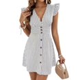 thumbnail image 3 of Women'S Striped Summer Dresses V Neck Casual Mini Dress Flutter Sleeve Ruffle Button Sundresses Grey L, 3 of 8