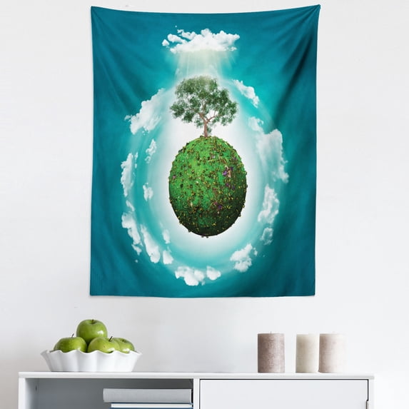 Tree of Life Tapestry, Grassy Globe World with Plant Clouds in Air Science Fiction Mother Earth, Fabric Wall Hanging Decor for Bedroom Living Room Dorm, 5 Sizes, Green Blue White, by Ambesonne