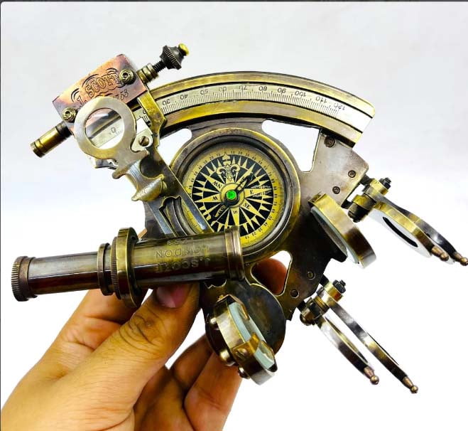 Brass Sextant Compass with Wooden Box Solid Nautical Sailing Maritime Marine Navy Functional Gift Decoration Christmas Present