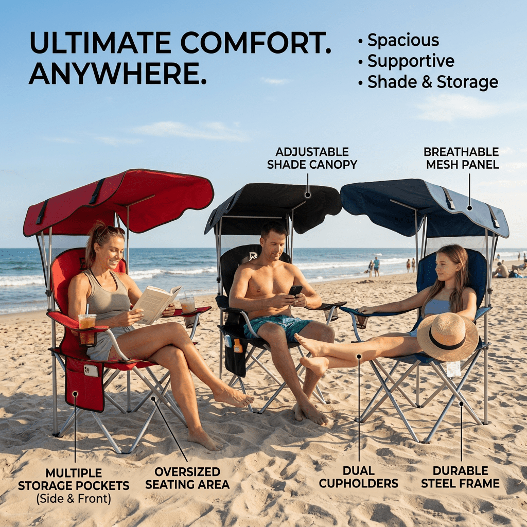 Portable Folding Outdoor Shade Camping Chair, Wide Seat with Breathable Mesh Backrest, Dual Side Cup Holders & Storage Pocket, Equipped with Carry Strap, Foldable Lightweight Lawn Chair for Beach