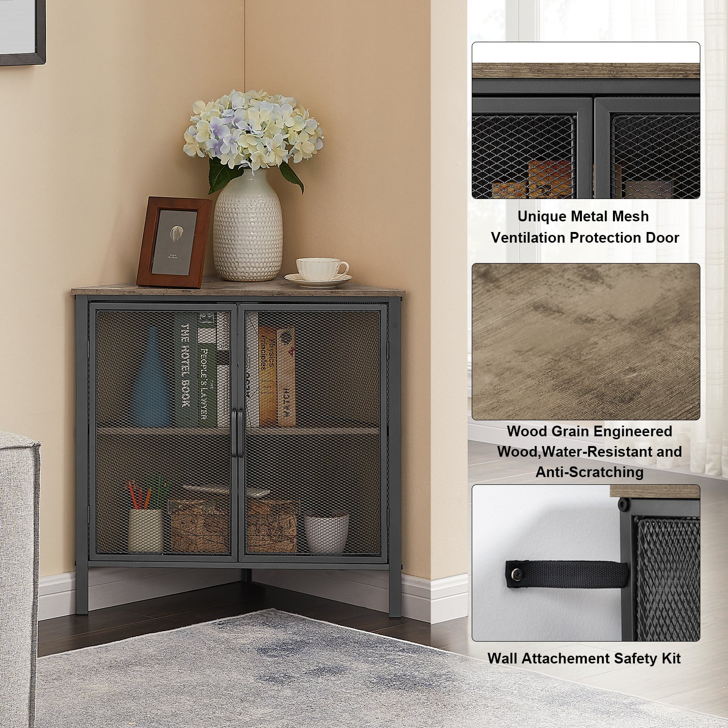 VECELO 3 Tier Corner Cabinet with Doors and Storage Shelves, Industria