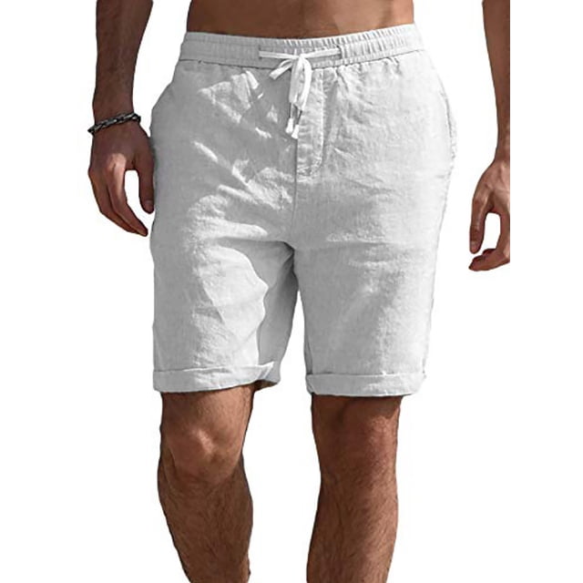 Fashnice Mens Short Trousers Solid Color Mini Pants Drawstring Shorts Fitted Sport Bottoms White XXL