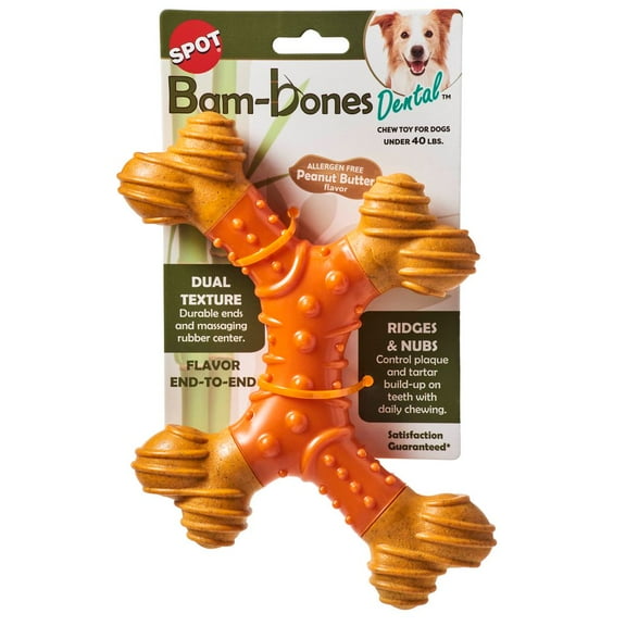 SPOT Bam-Bones Dental X-Bone Dog Chew Toy, 8", For Light Chewers & Teething Puppies Under 40 lbs, Peanut Butter, Bamboo Fiber with Massaging Rubber Center, 1 Pack