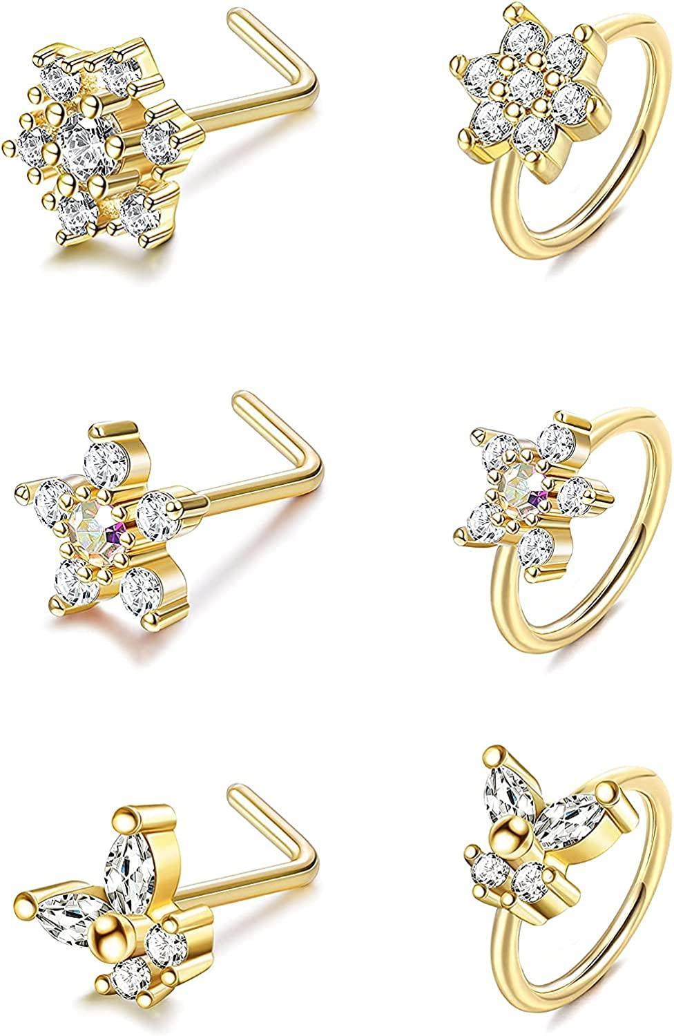 ZAQW 6Pcs 20G Flower Nose Rings L Shaped Nose Rings Nose Hoop Piercing