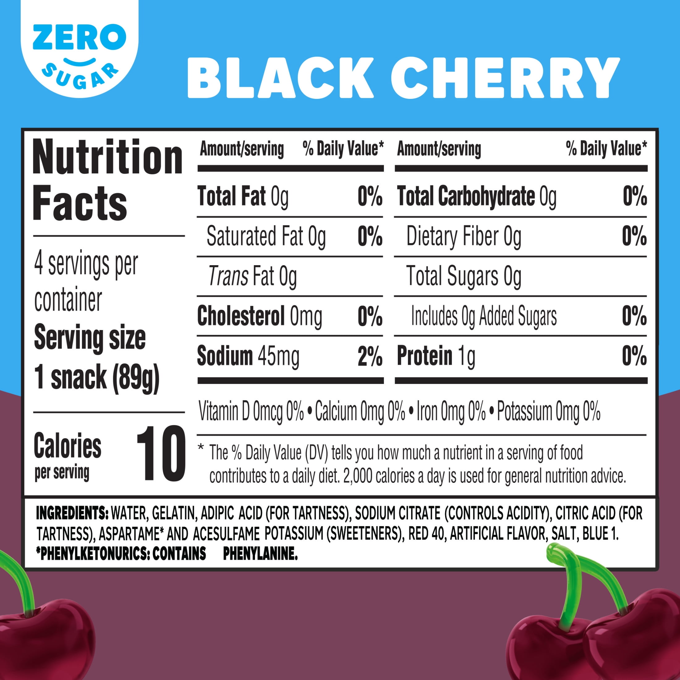 Jell-O Zero Sugar Black Cherry Gelatin Snack Cups, Pre-Made