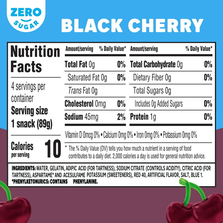 Jell-O Zero Sugar Black Cherry Gelatin Snack Cups, Pre-Made, 4 Ct