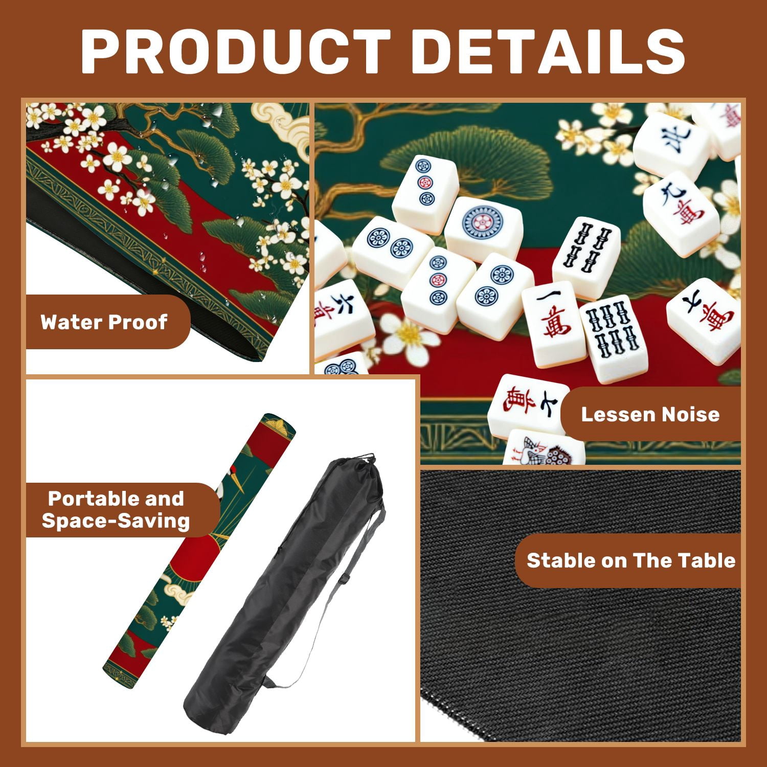 Mahjong Mat 31.5" x 31.5" Elegant Pair Cranes Red Sun Pine Trees Blossoms Traditional Asian Non-Slip Noise Reduction American Mahjong Tiles Table Cover for Dominoes Poker Card Board Games Gift