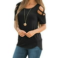 thumbnail image 1 of DYMADE Women Crew Neck Cold Shoulder Soild Color Casual Top Blouse, 1 of 2