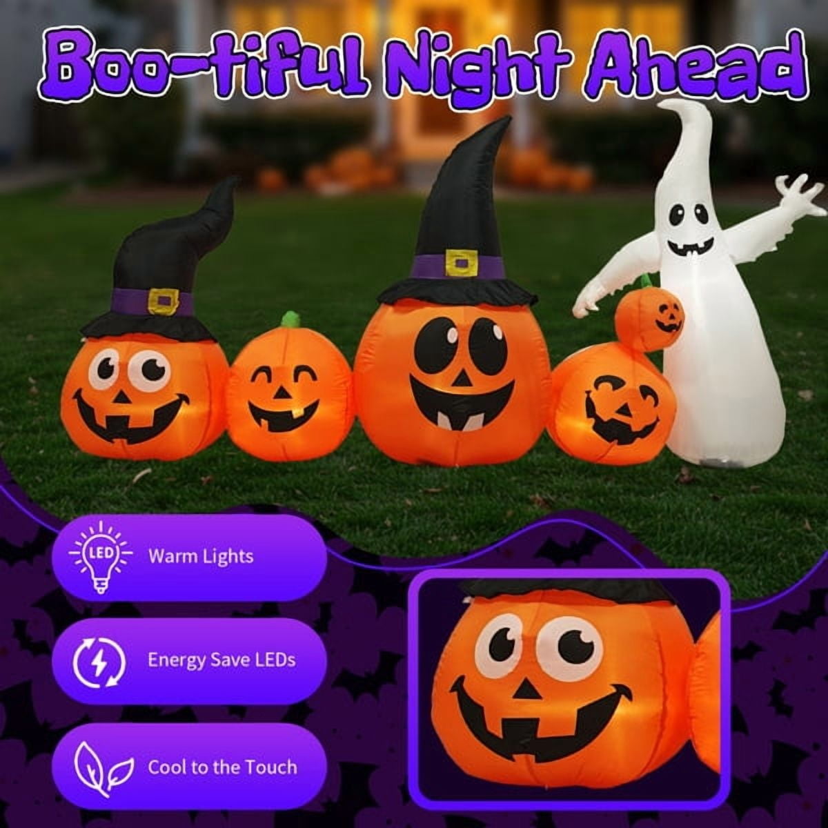 8FT Long Halloween Inflatables Pumpkins Ghost Outdoor Decorations, Blow Up Yard Decoration with Built-in LEDs Lighted for Lawn Garden Outside Indoor Decor