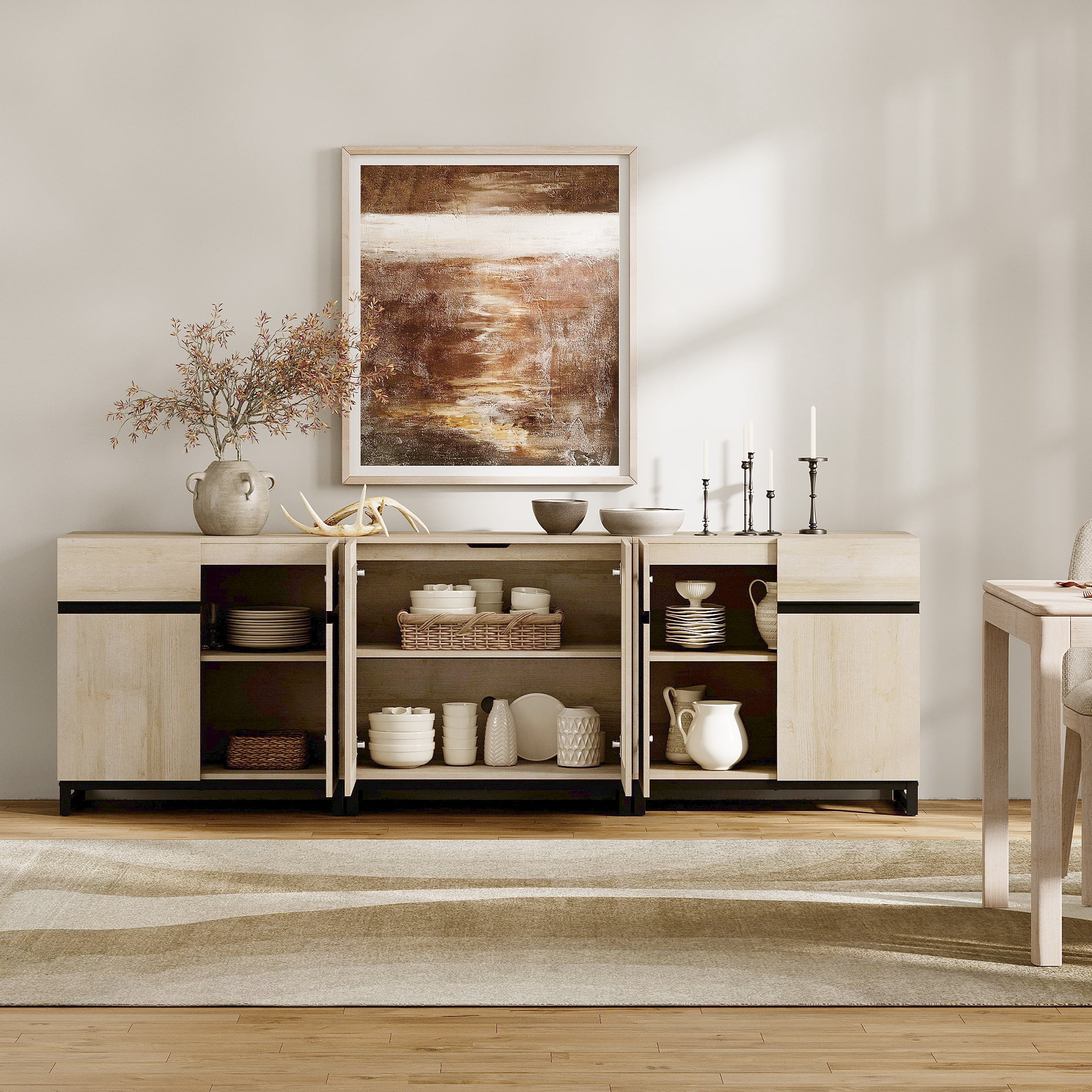 3 In 1 TV Stand For Tvs Up To 100 Inch, Modern Entertainment Center With Glass Doors And Metal Legs, TV Console With Adjustable Shelf For Living Room, Bedroom,Beige
