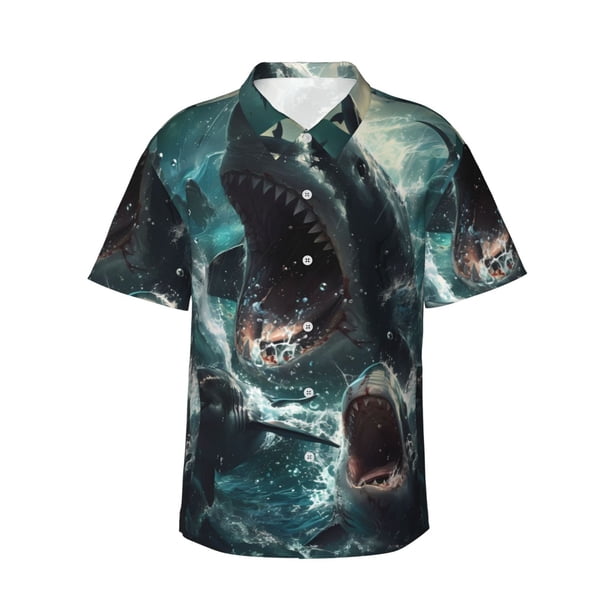 Balery Wave Ocean Animal Shark Camisas hawaianas de manga corta para hombre, camisas playeras de corte holgado, camisas de vacaciones con botones,3X-Large