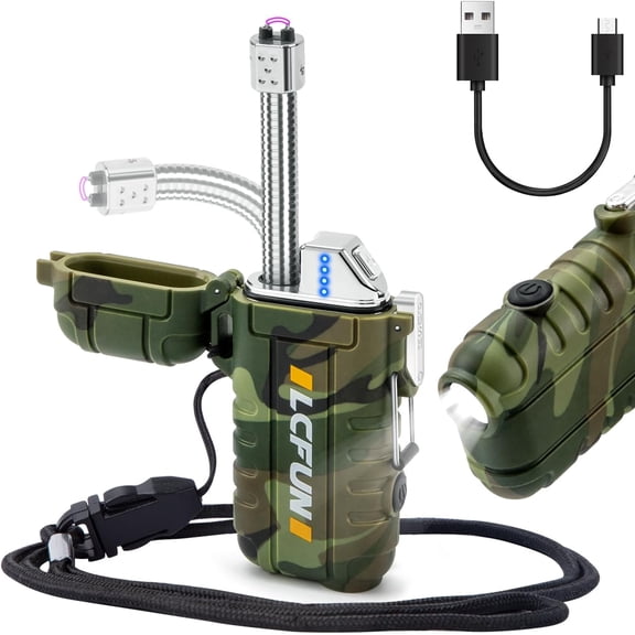 USB Rechargeable Electric Arc Lighters Windproof Plasma Lighter with LED Battery Display, Waterproof Matches with Flashlight for Camping, Survival Tactical Gear