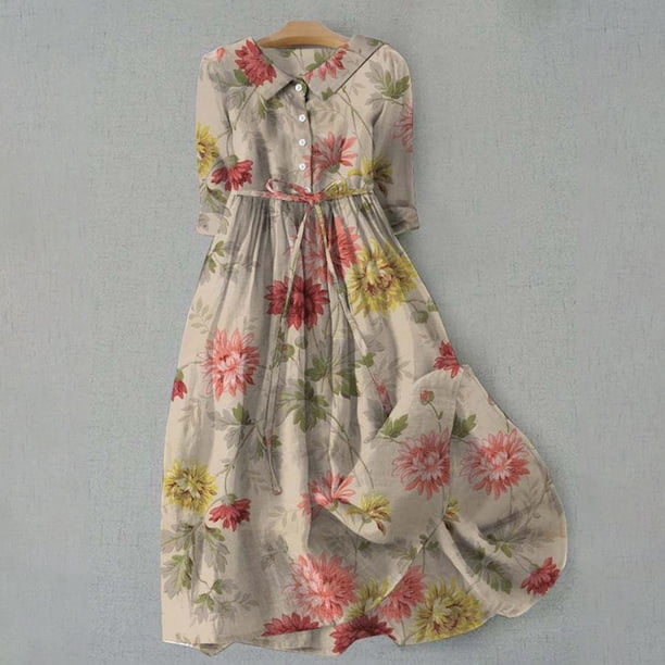 WILLBEST Vestidos de Algodon para Mujer, Estilo Coreano, con Cordones, Cintura Definida, Camisa, Vestido Midi de Verano, Media Manga, Vestido de Línea A A La Moda 374 Mediana