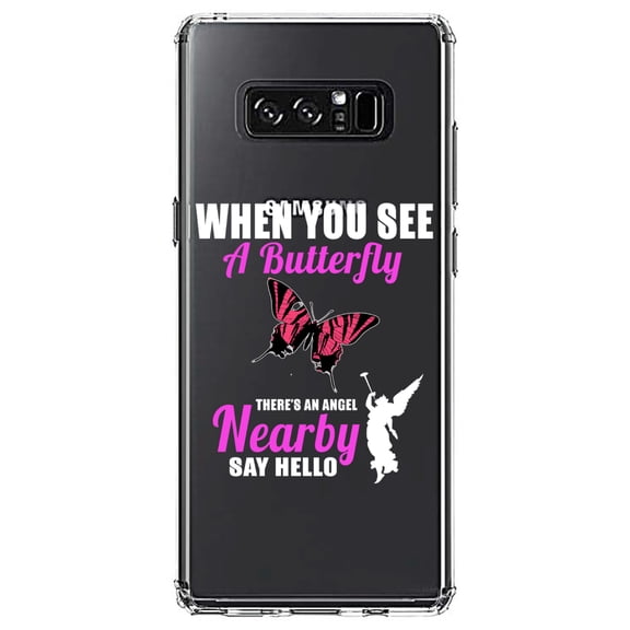 DistinctInk Clear Shockproof Hybrid Case for Samsung Galaxy Note 8 - TPU Bumper Acrylic Back Tempered Glass Screen Protector - See Butterfly, Angel is Nearby