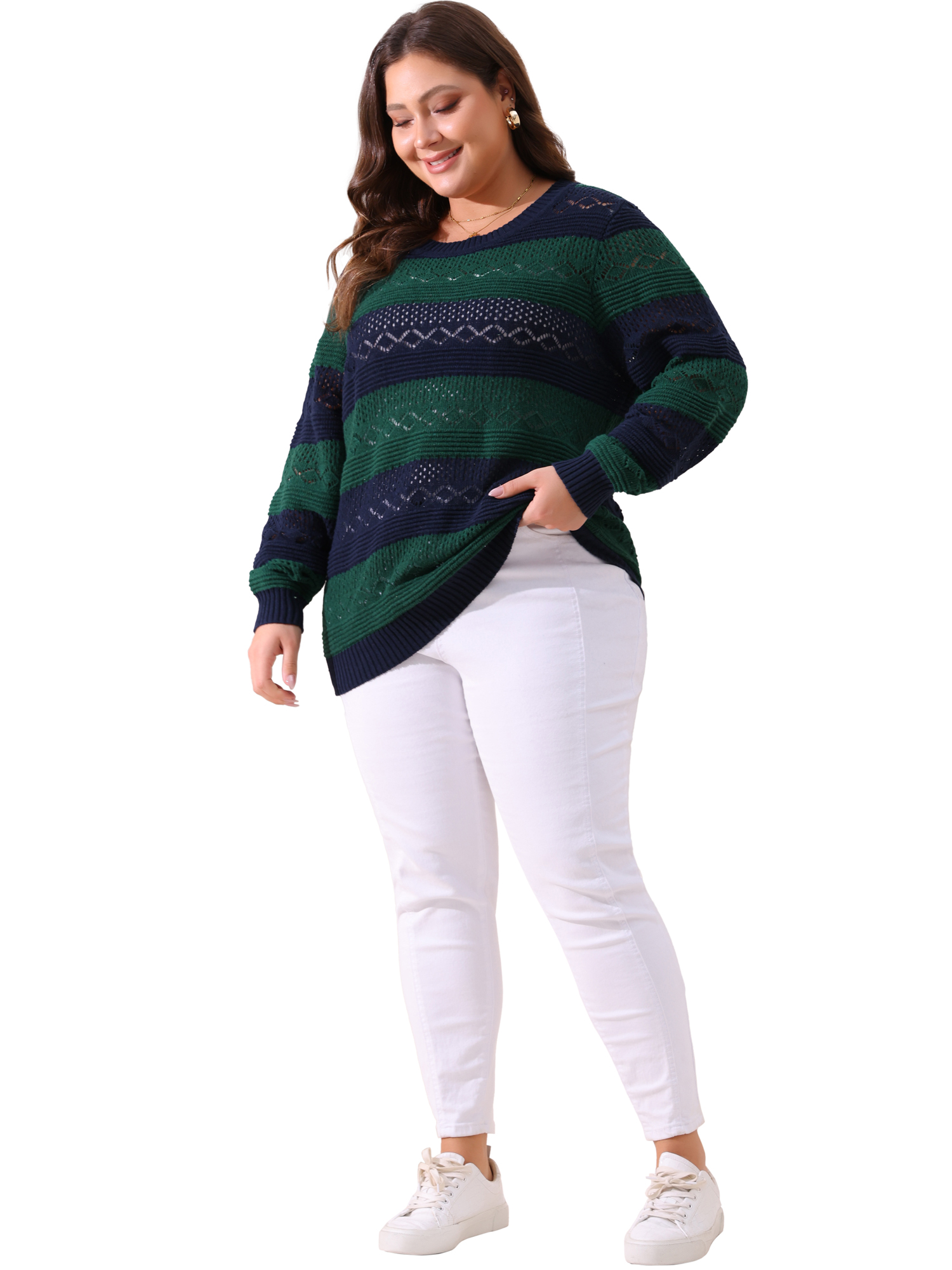 DARING DIVA Plus Size Long Sleeve Crewneck Hollow Knit Pullover 1X Green Blue