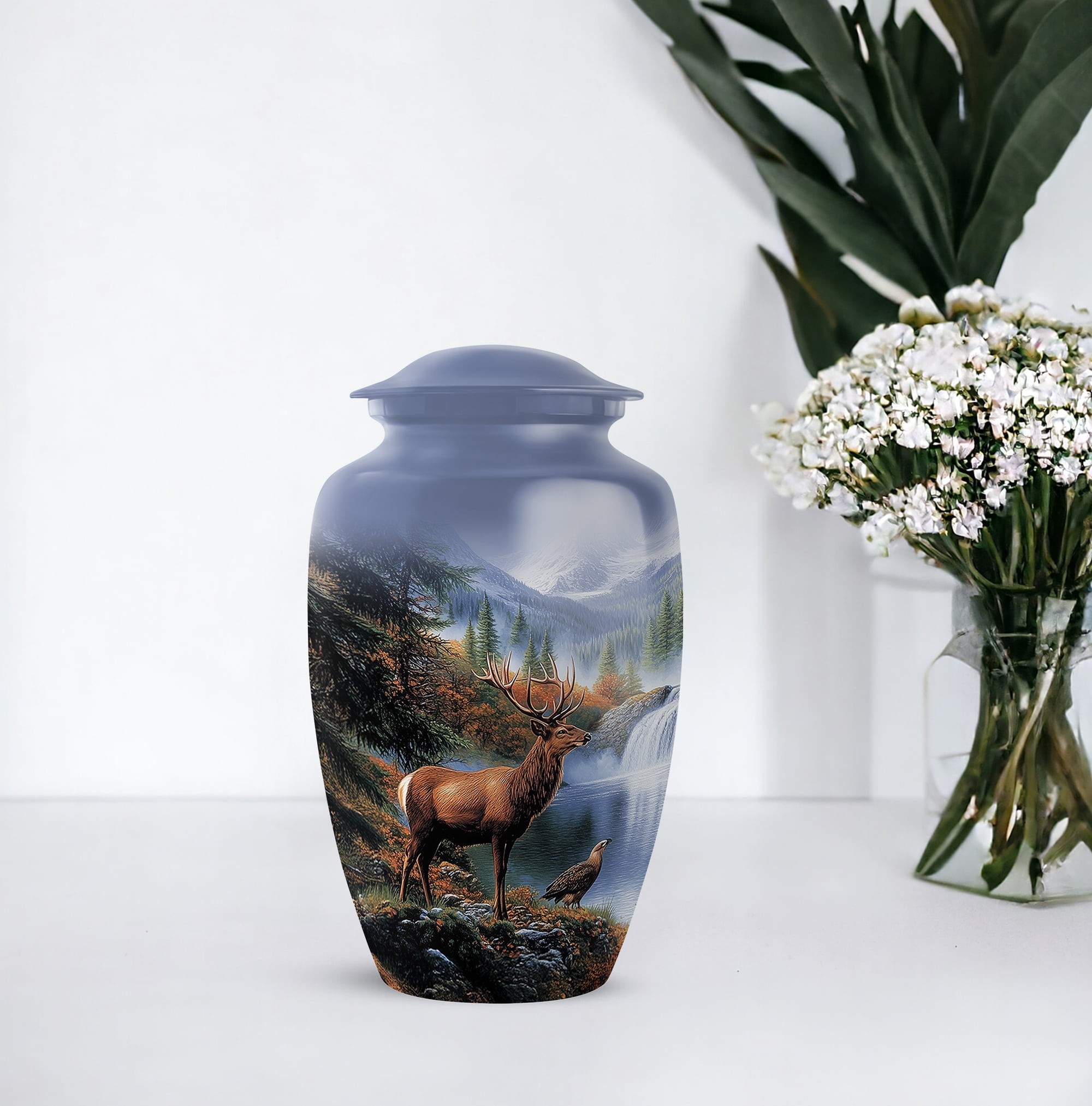 Deer Funeral Urn For Man And Woman - Memorial Cremation Urns For Human Ashes Adult Female - Blue Urn For Ash For Women - Large Decorative Urns For Human Ashes Adult Male, 10 Inch