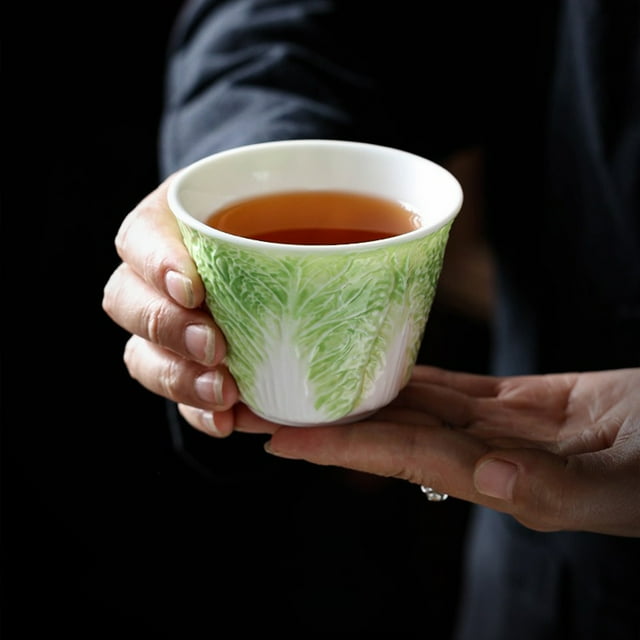 Cabbage Cups Natural Colour- Green- China High-end Tea Bowl Ceramic Cups- High-value Tea Set Large Capacity Tea Cups