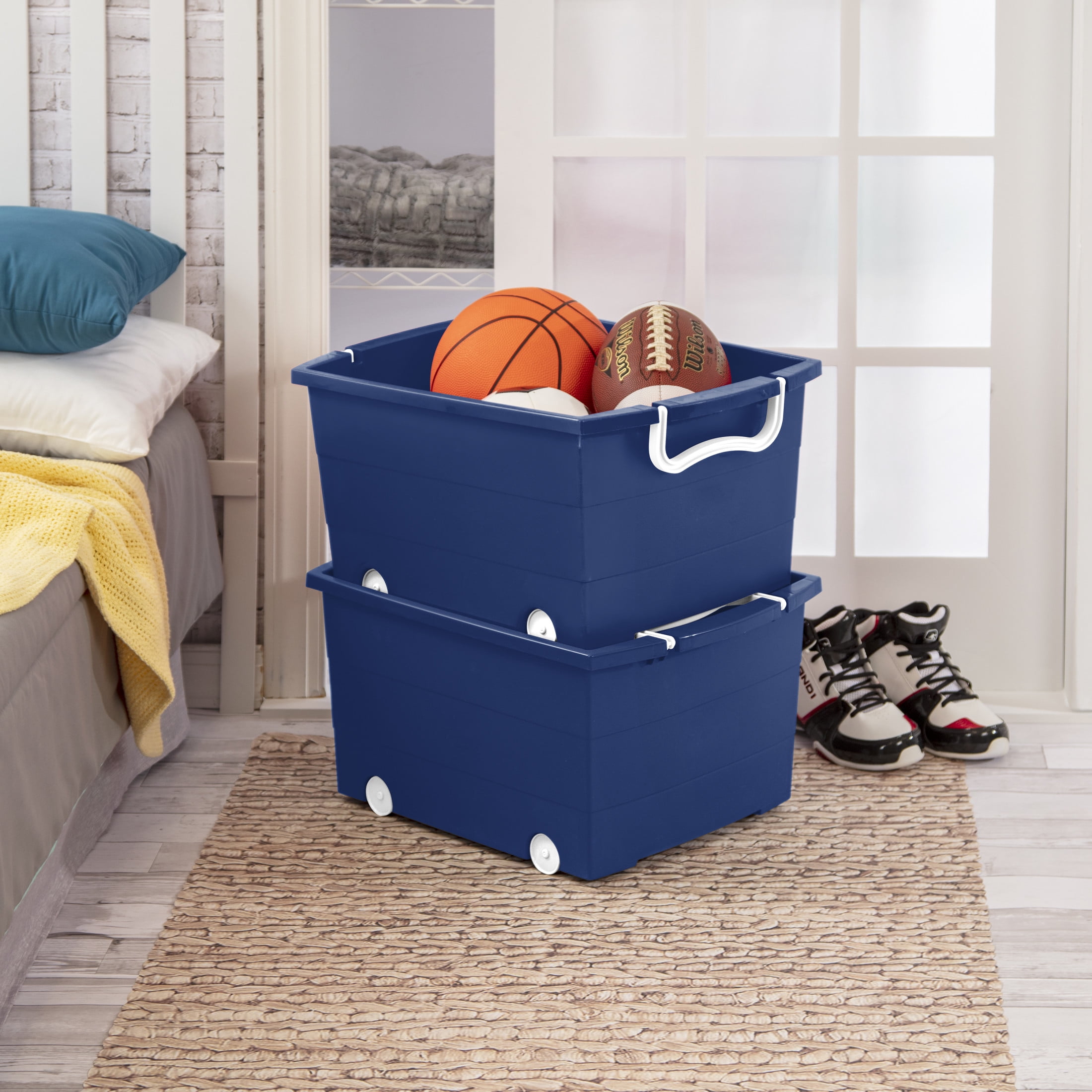 Your Zone Kids Rolling Toy Storage Bin with Handles, Blue, 22 in x 16 in x 11 in