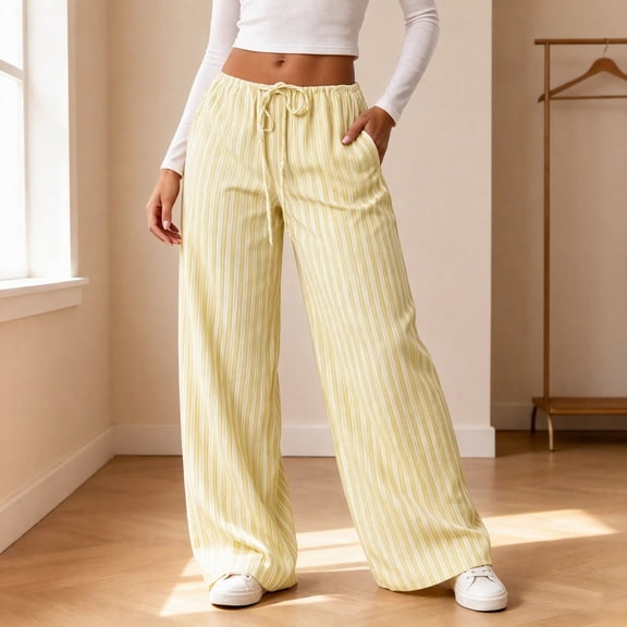 Fengqque Women's Drawstring Striped Wide Leg Pants Breathable Loose Fit Casual Trousers Elastic Waist Flowy Printed Pants with Side Pockets