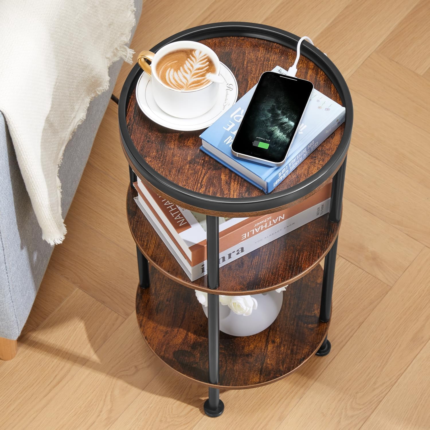 Small Round Side Table with Charging Station for Small Spaces, 3-Tier Round Accent Table with USB Ports & Power Outlets, Round Corner Table Tea Sofa Side Table for Living Room Bedroom (Rustic Brown)