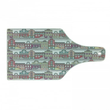 Dutch Cutting Board, Traditional Colorful Amsterdam Houses Sketch Style Architecture Themed Illustration, Tempered Glass Cutting and Serving Board, Wine Bottle Shape, Multicolor, by Ambesonne