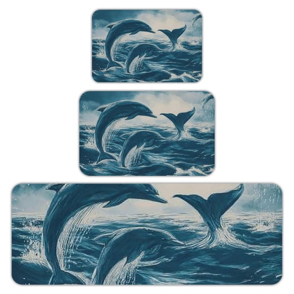 RKSupls Kitchen Rug Set 3 Piece Anti-Slip Flannel Floor Mats, Dolphins Ocean Waves Washable Absorbent Runner Mats for Kitchen Bathroom Home Decor