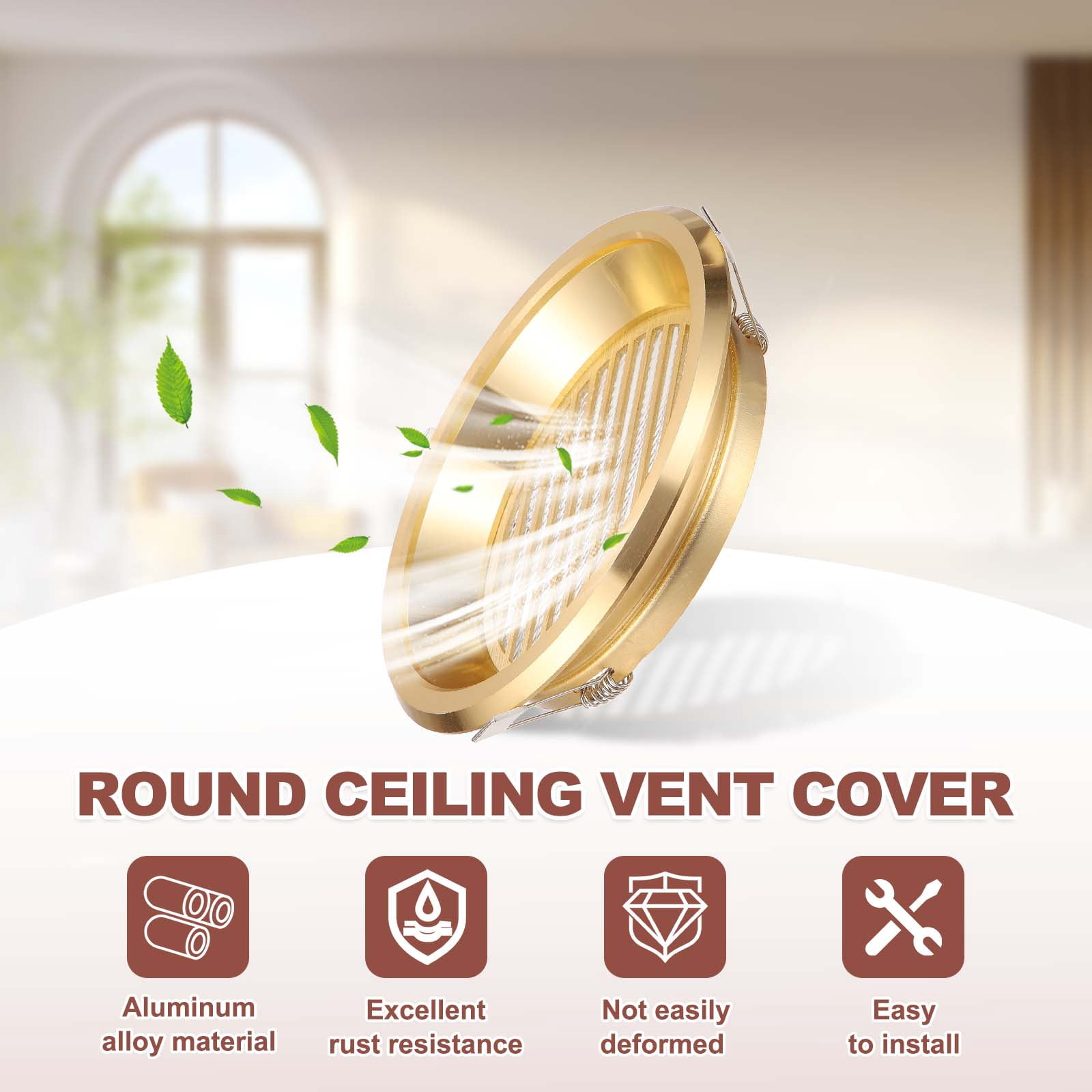 Uxcell Round Ceiling Vent Cover (155mm / 6" Duct Opening Size) - Aluminum Alloy Ceiling Air Grille Soffit Exhaust Vent Diagonal Louver Cover Plate for Bathroom Home Kitchen, Gold