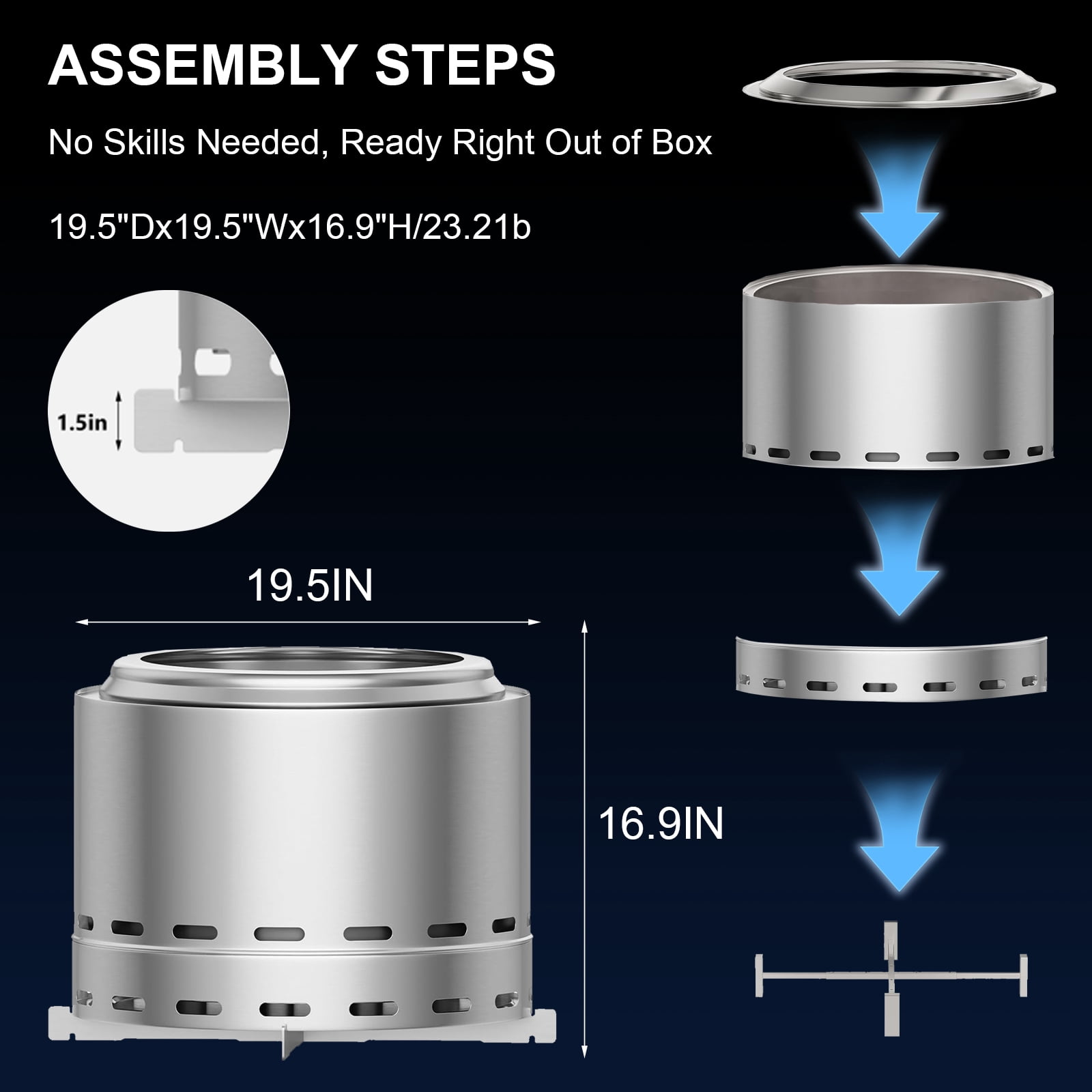 19.5" Inch Stainless Steel Outdoor Smokeless Fire Pit, Portable Outdoor Firepit with Removable Ash Pan & Stand for Patio and Outside
